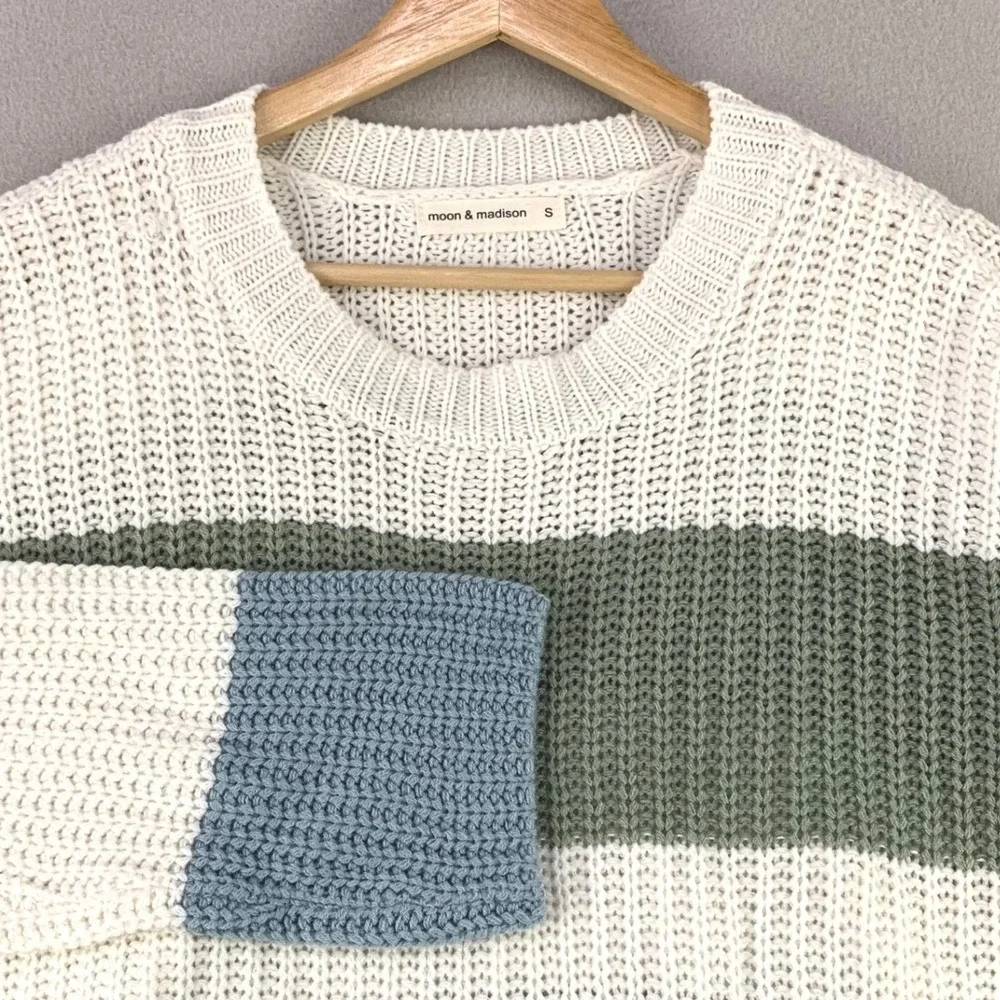 Moon & Madison Colorblock Stripe Sweater Women Small Blue Green White Knit Crop